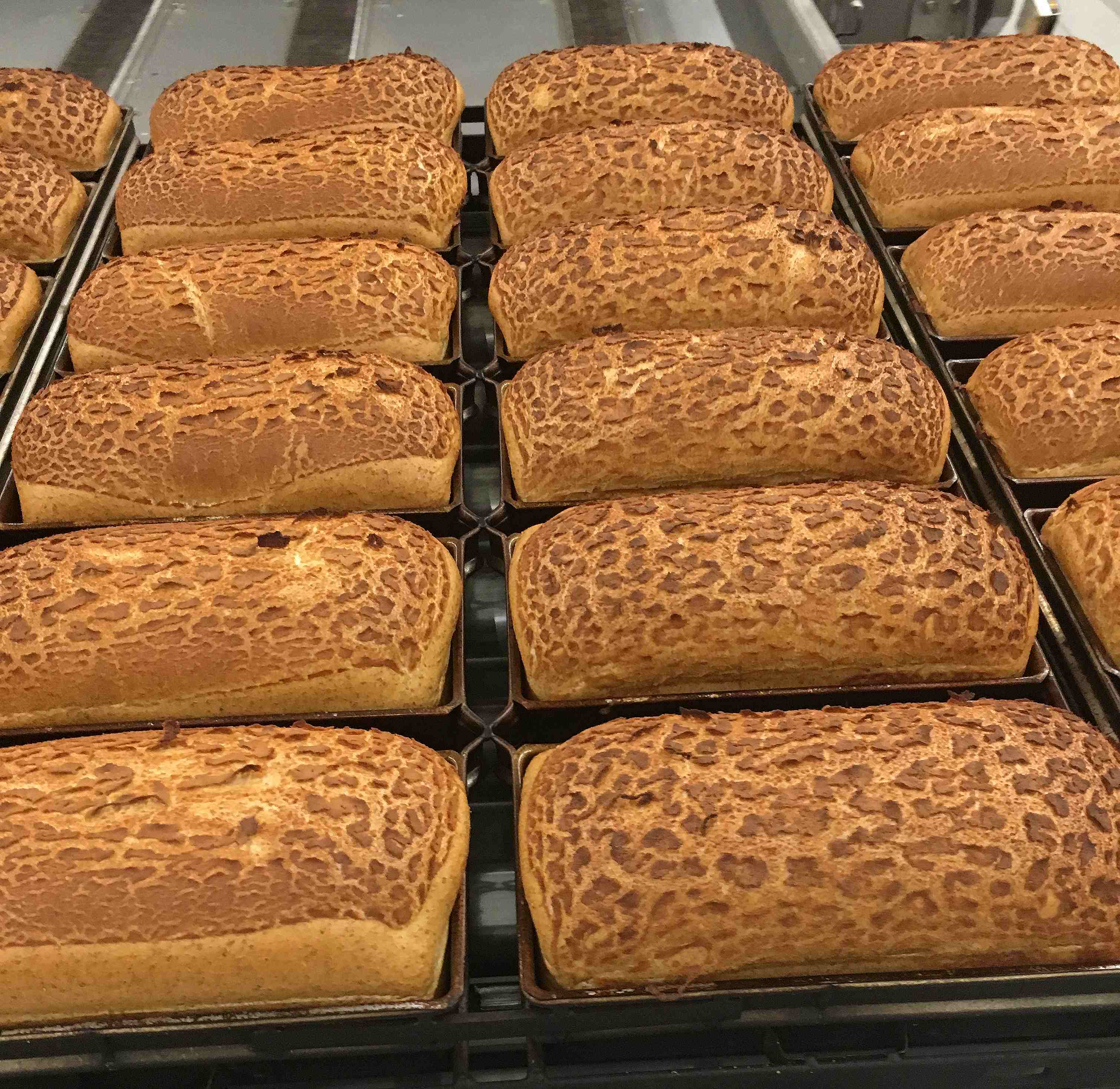 Tiger bread in tins after baking