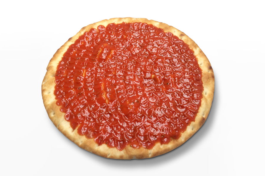 Pizza surface filled with pizza tomato sauce by a FoodJet pizza sauce depositor