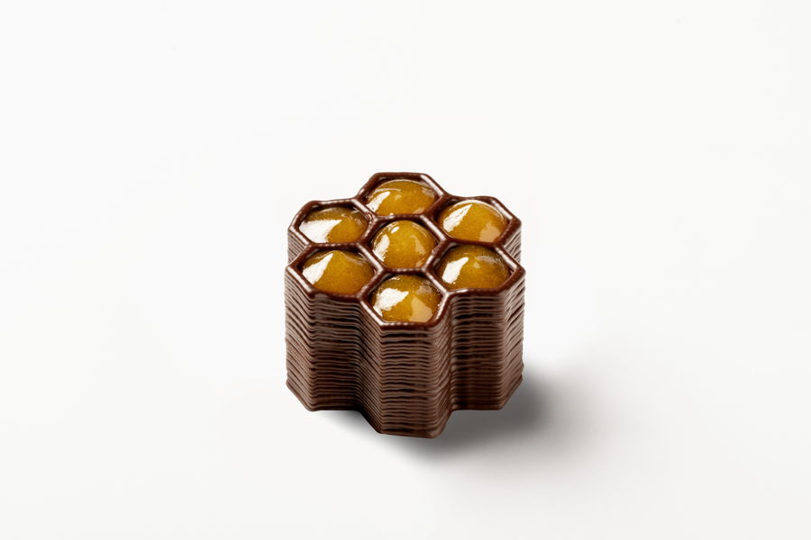 3D printed chocolate shape filled with marmalade- multi-layered chocolate shape deposited with FoodJet precision depositor | FoodJet
