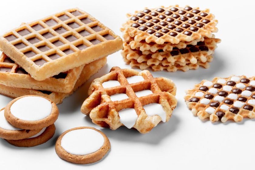 Various waffles with cavity filled with chocolate by a FoodJet food depositor