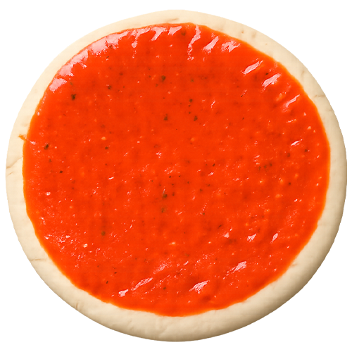 Round pizza base covered with tomato sauce, with a clean edge