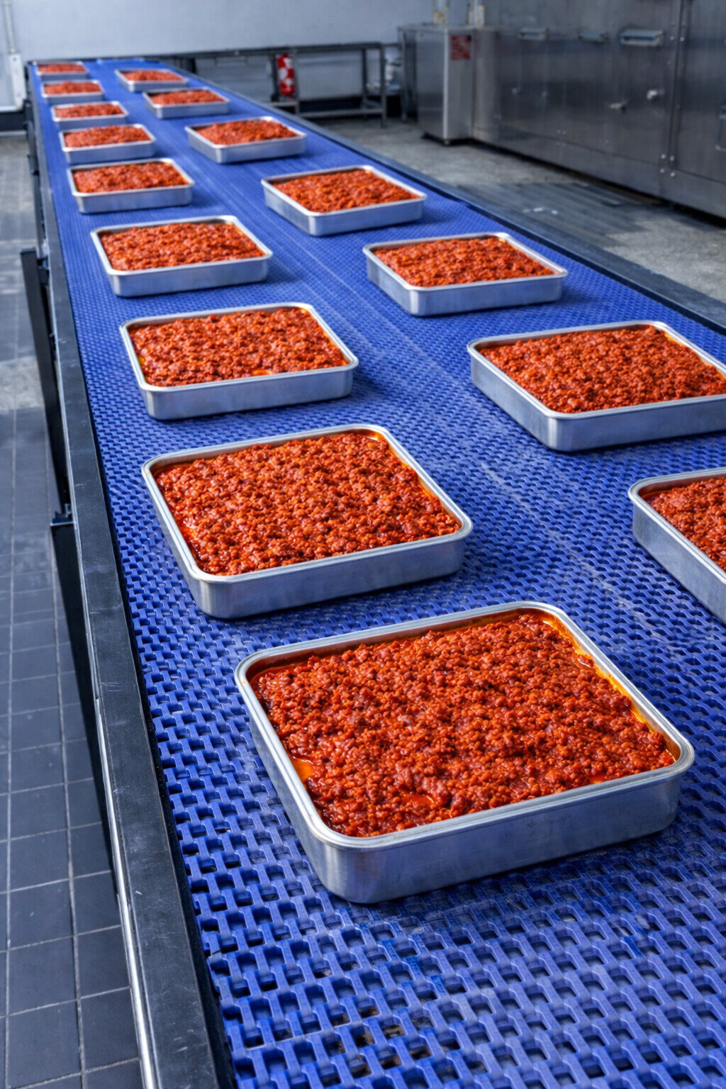 Square metal trays with meat sauce in two rows on a blue modular conveyor in a production hall