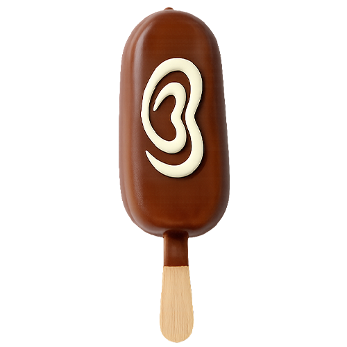 Chocolate-coated ice cream on a stick with a white chocolate swirl