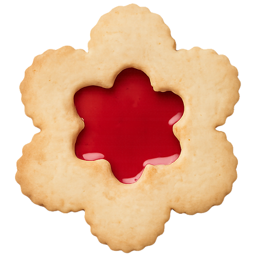 Flower-shaped cookie with red jam deposited in the cavity