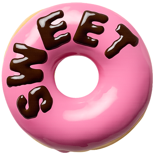 Pink donut decorated with the word SWEET in chocolate
