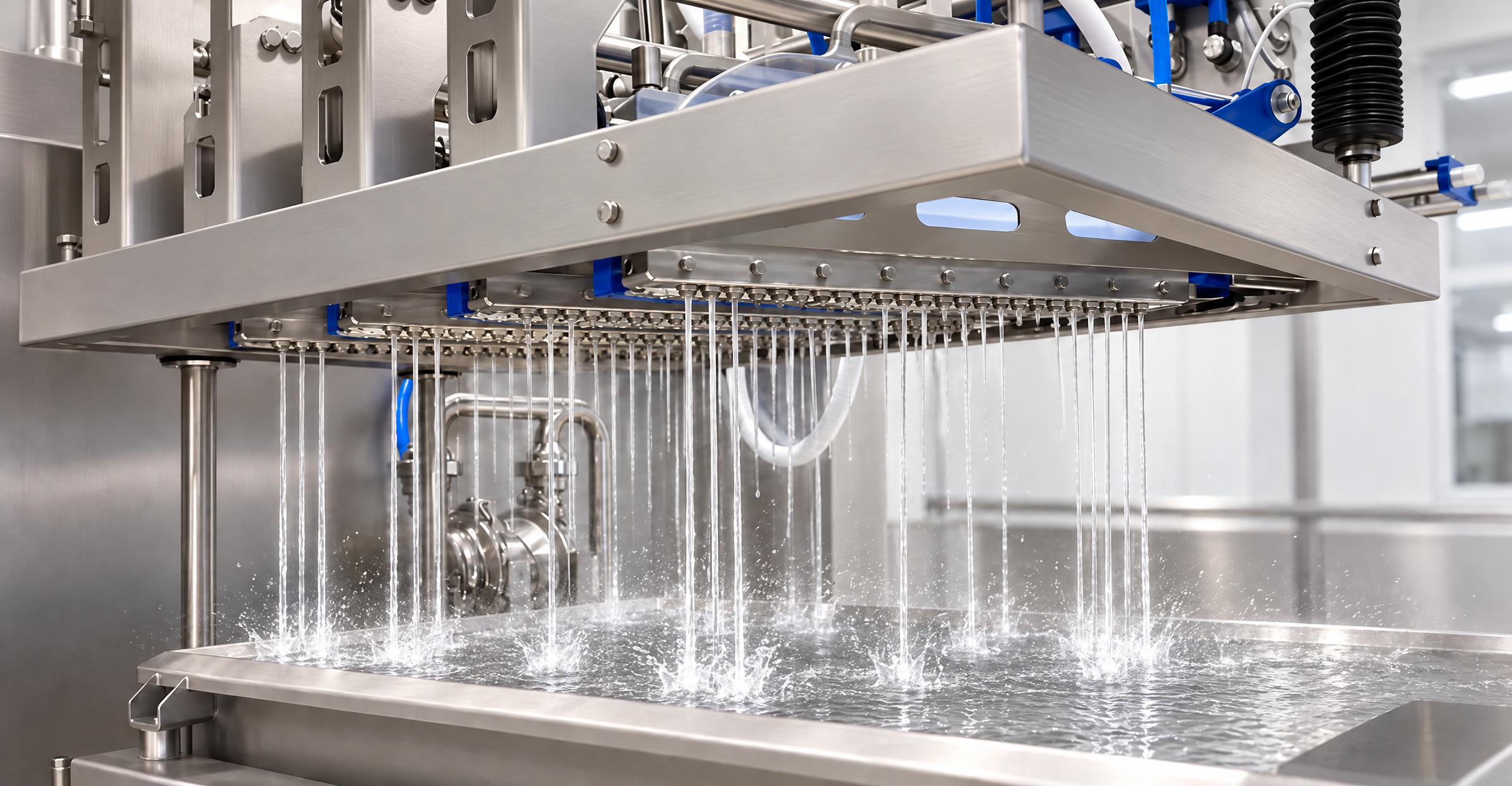 Depositing head during cleaning, rinse water jetting at high pressure into a stainless steel tray