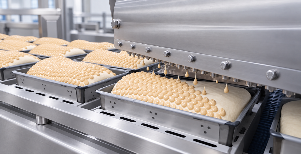 Depositing head placing rows of paste dots on bread dough in baking tins