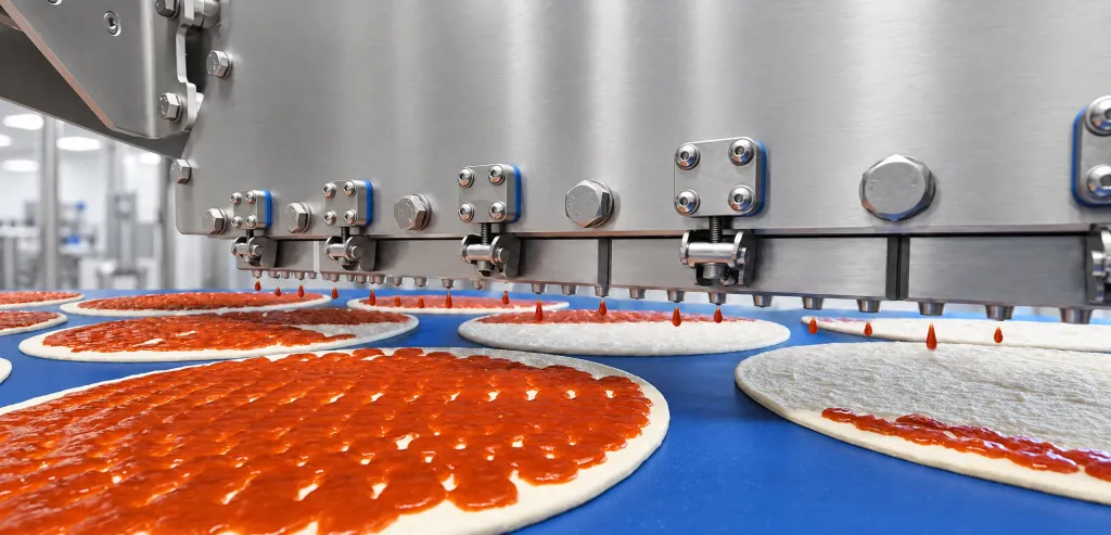 Close-up of red sauce deposited in dots on pizza bases under a row of depositing nozzles