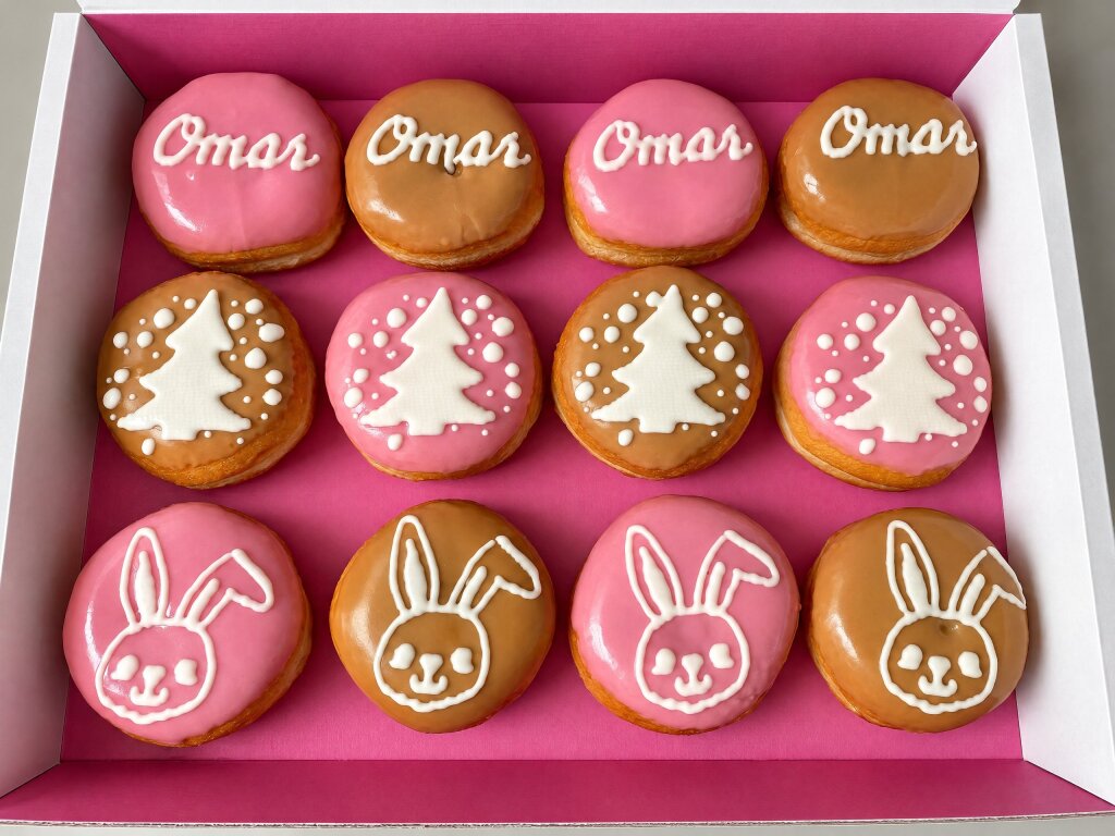 Twelve donuts in a pink box, decorated with white rabbits, trees and a name