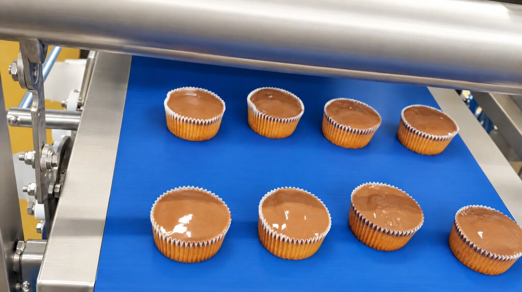 Eight muffins in paper cups on a blue conveyor, each top covered edge to edge with a chocolate-coloured topping