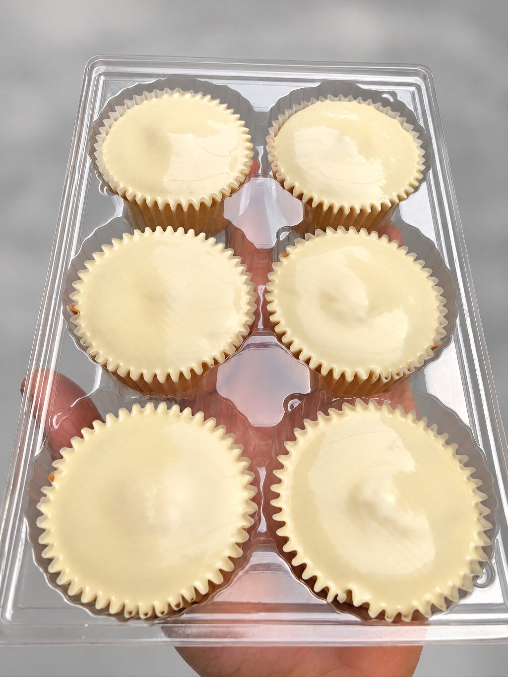 Six cupcakes with a smooth white layer up to the rim, in a clear blister tray