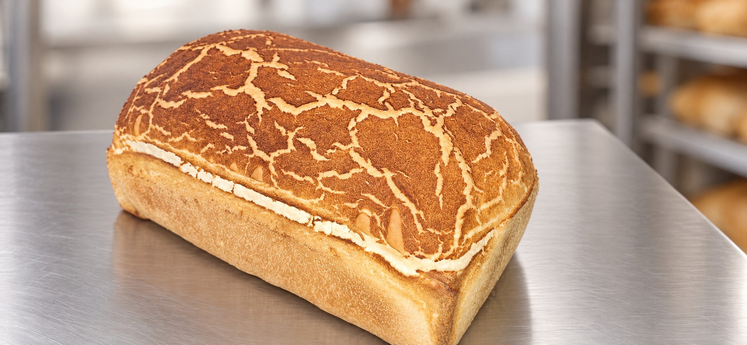 Tiger bread loaves on a stainless steel table