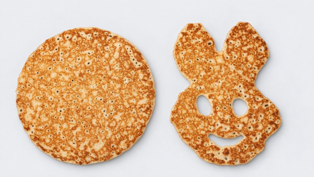 Two baked pancakes from above: a plain round one and one shaped as a bunny face with cut-out eyes and mouth