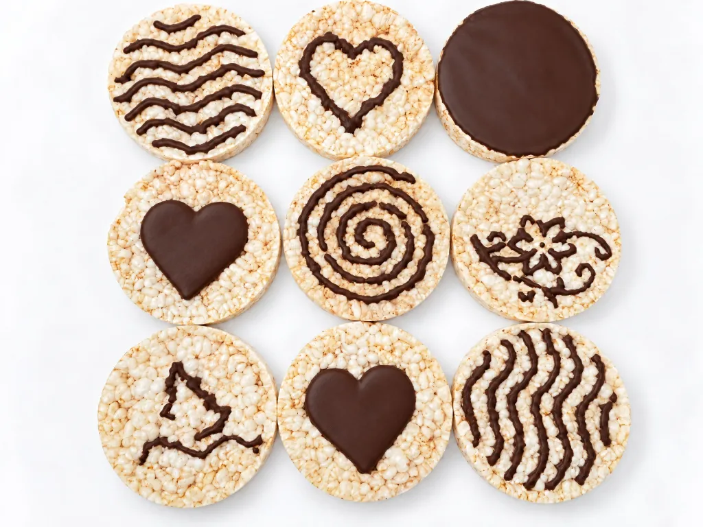 Nine rice cakes decorated with dark chocolate compound: waves, hearts, a spiral, a flower and a full top layer