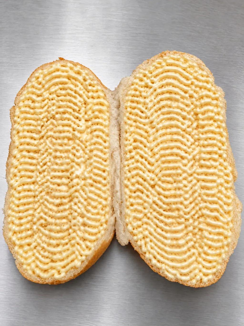 Two halves of a bread roll with wavy lines of mayonnaise across the whole cut surface, up to the crust