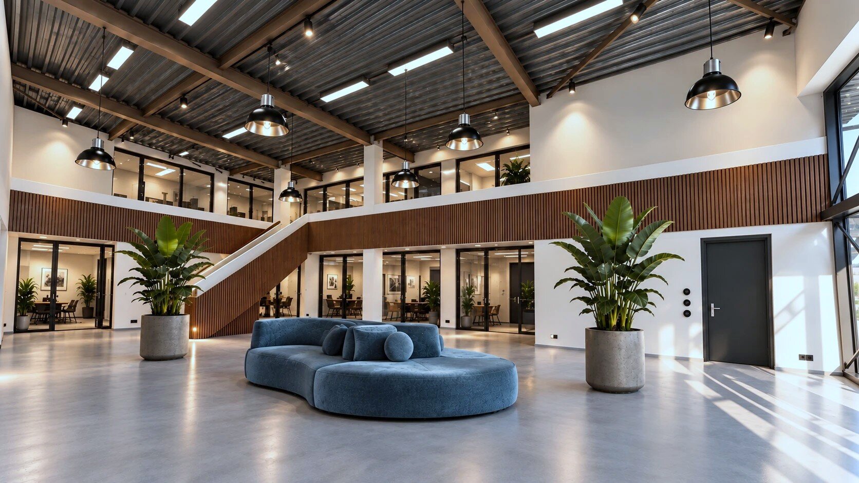 Artist impression of the FoodJet showroom in Bijsterhuizen, with a blue sofa, plants and glass-walled meeting rooms