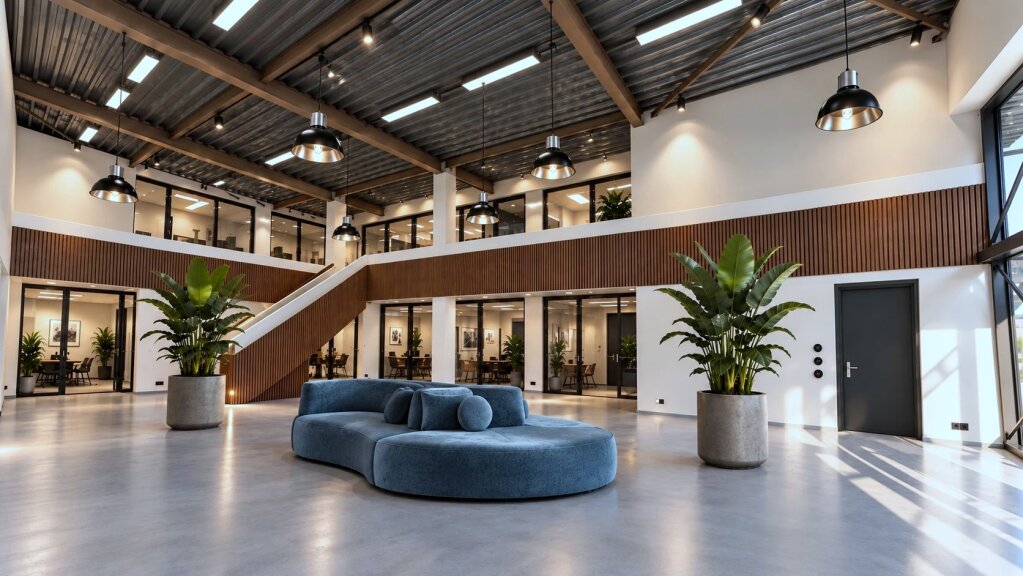 Artist impression of the FoodJet showroom in Bijsterhuizen, with a blue sofa, plants and glass-walled meeting rooms